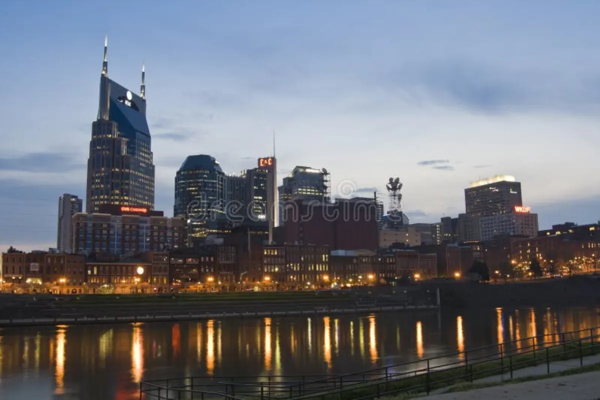 Nashville Tennessee skyline at dusk along the Cumberland River
