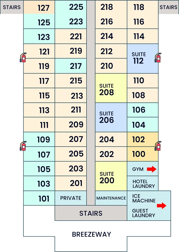Color-coded property floor plan for Lx Hotel showing King, Double Queen, Suite and ADA Accessible rooms