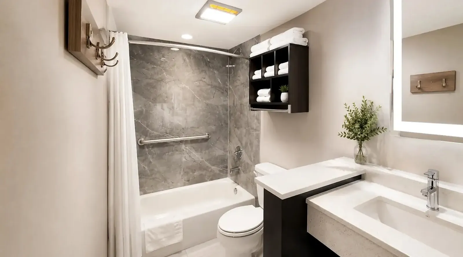 Double queen room bathroom at Lx Hotel Manchester TN with modern fixtures and bath amenities