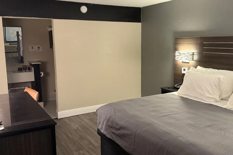 ADA king room at Lx Hotel with work desk and television