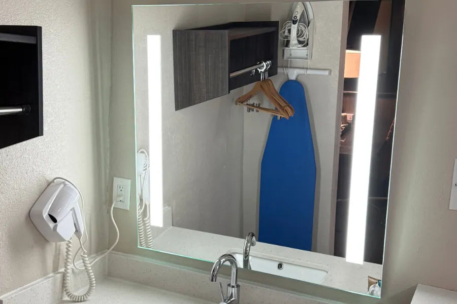 Accessible bathroom with grab bars at Lx Hotel ADA king room